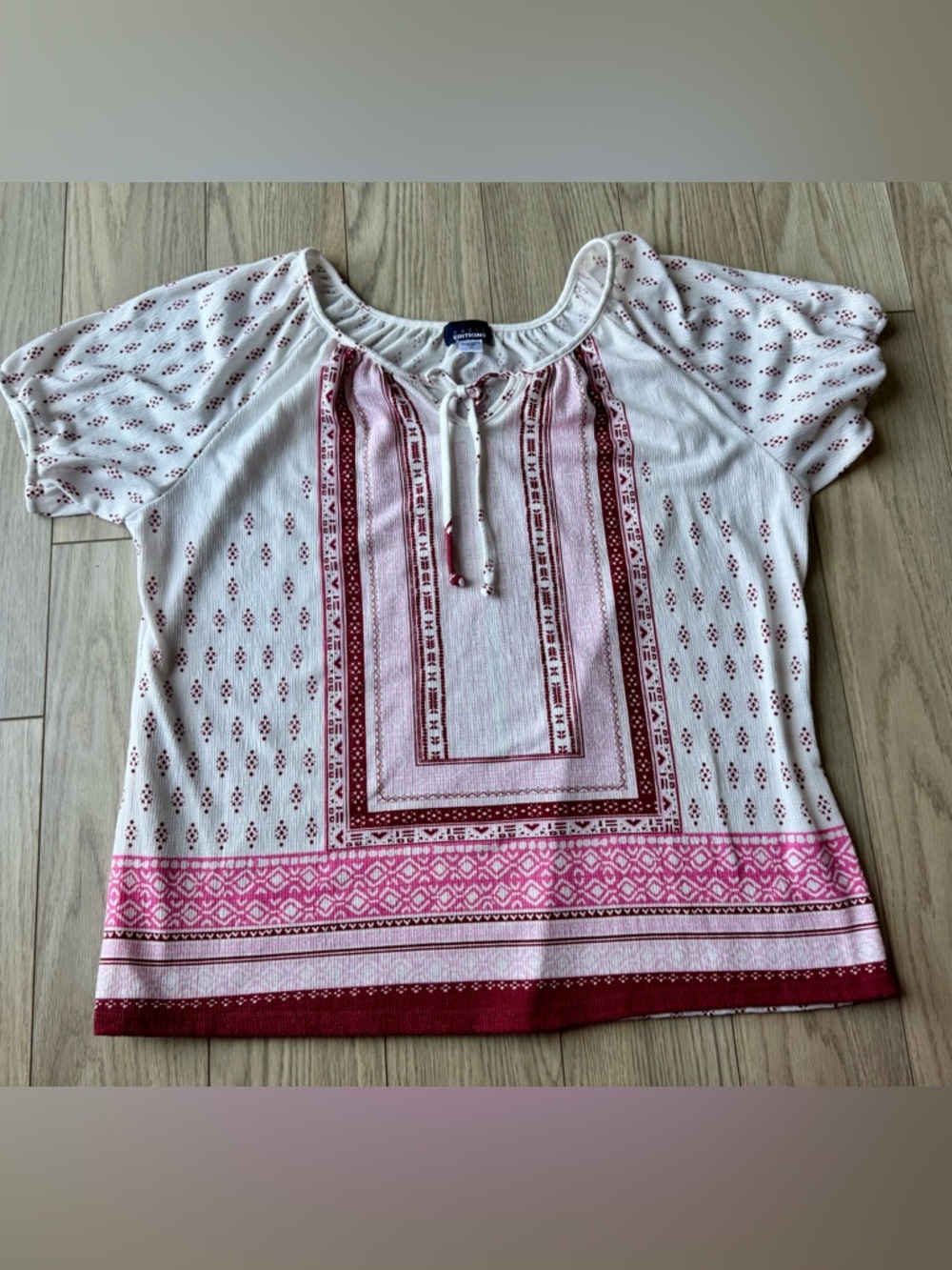 Basic Editions White Top with Pink & Burgundy Panel Print